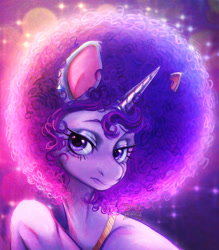 Size: 2841x3248 | Tagged: safe, artist:ziggylemon, rarity, pony, unicorn, g4, afro, alternate hairstyle, bust, ear piercing, female, gold chains, horn, mare, piercing, sitting, solo