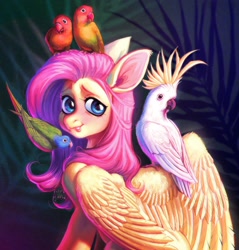 Size: 1960x2048 | Tagged: safe, artist:ziggylemon, fluttershy, bird, cockatoo, parrot, pegasus, pony, g4, female, looking back, lovebird, mare, sitting, sitting on head, smiling, solo