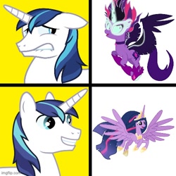 Size: 500x500 | Tagged: safe, artist:daringashia, editor:railpony, sci-twi, shining armor, twilight sparkle, alicorn, pony, unicorn, equestria girls, g4, my little pony equestria girls: friendship games, the last problem, big crown thingy 3.0, brother and sister, clothes, demon twilight, duo, equestria girls ponified, evil twilight, female, horn, hotline bling, imgflip, male, meme, midnight sparkle, older, older twilight, older twilight sparkle (alicorn), peytral, ponified, ponified meme, princess twilight 2.0, shoes, siblings, simple background, twilight sparkle (alicorn), white background, yellow background