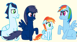 Size: 1249x690 | Tagged: safe, artist:princessstar022, rainbow dash, soarin', oc, oc:firestar, oc:rain shower, pegasus, pony, g4, father and child, father and daughter, female, filly, foal, group, husband and wife, male, mare, mother and child, mother and daughter, offspring, parent:rainbow dash, parent:soarin', parents:soarindash, ship:soarindash, shipping, siblings, sisters, stallion, straight