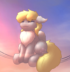 Size: 1852x1905 | Tagged: safe, artist:gosha305, derpy hooves, pegasus, pony, g4, behaving like a bird, chest fluff, cute, derpabetes, ear fluff, eyes closed, female, floppy ears, fluffy, full body, mare, morning, puffed chest, sitting, sky, sky background, sleeping, smiling, solo, sunrise, wires