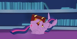 Size: 1920x980 | Tagged: safe, artist:k. dale, twilight sparkle, alicorn, pony, g4, behaving like a cat, bibliophile, book, cargo ship, cute, eyes closed, female, folded wings, happy, library, lying down, mare, movie accurate, on back, ship:twibook, shipping, smiling, solo, that pony sure does love books, thicc thighs, thighs, thunder thighs, twiabetes, twilight sparkle (alicorn), twilight's castle, twilight's castle library, wings