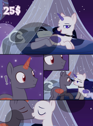 Size: 1588x2160 | Tagged: safe, oc, oc only, pony, advertisement, any race, art, bed, blushing, butt, character, clothes, collar, comic, commission, commission info, duo, eyes closed, female, kissing, male, mare, on bed, plot, socks, stallion, straight, your character here