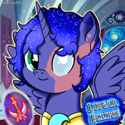 Size: 1980x1986 | Tagged: safe, artist:codenamekid, oc, oc only, oc:prince lunar c. eclipse, alicorn, pony, armor, blind eye, burn marks, canterlot throne room, gradient mane, looking at you, male, male oc, moon, mural, shading, shattered moon, smiling, smiling at you, solo, sparkles, spread wings, stallion, stallion oc, stars, sword, tapestry, text, weapon, wings