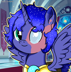 Size: 1980x1986 | Tagged: safe, artist:codenamekid, oc, oc only, oc:prince lunar c. eclipse, alicorn, pony, armor, blind eye, burn marks, canterlot throne room, gradient mane, looking at you, male, male oc, moon, mural, shading, shattered moon, smiling, smiling at you, solo, sparkles, spread wings, stallion, stallion oc, stars, sword, tapestry, textless, weapon, wings