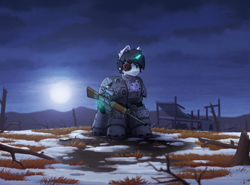 Size: 2905x2153 | Tagged: safe, artist:dipfanken, oc, oc only, cyborg, pony, fallout equestria, armor, gun, magic, moon, night, power armor, rifle, scenery, solo, telekinesis, wasteland, weapon