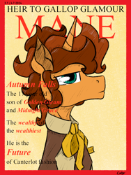 Size: 700x933 | Tagged: safe, artist:gotyx96, oc, oc only, oc:autumn falls, pony, unicorn, g4, clothes, horn, magazine, magazine cover, male, not cheese sandwich, solo, stallion, text