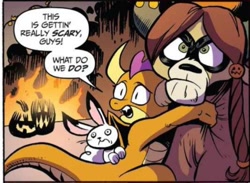 Size: 678x495 | Tagged: safe, artist:andy price, idw, official comic, smolder, yona, dragon, rabbit, yak, friendship is magic #71, g4, spoiler:comic, animal, castle of the royal pony sisters, fire, mask