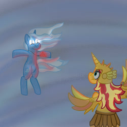 Size: 2000x2000 | Tagged: safe, artist:zoeyhorse, sunset shimmer, trixie, pony, unicorn, fanfic:across the shimmververse, g4, alicorn amulet, armor, artificial wings, augmented, duo, duo female, fanfic art, female, glowing, glowing eyes, helmet, horn, hurricane, mare, mechanical wing, tail, windswept mane, windswept tail, wings