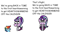Size: 1625x863 | Tagged: safe, artist:zoeyhorse, rainbow dash, snowdash, snowfall frost, starlight glimmer, pegasus, pony, unicorn, g4, 2 panel comic, bust, comic, dialogue, duo, duo female, female, furrowed brow, horn, mare, simple background, talking to viewer, text, white background