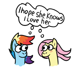 Size: 793x751 | Tagged: safe, artist:zoeyhorse, fluttershy, rainbow dash, pegasus, pony, g4, blush sticker, blushing, bust, duo, duo female, female, lesbian, looking at each other, looking at someone, mare, ship:flutterdash, shipping, simple background, thought bubble, white background, windswept mane