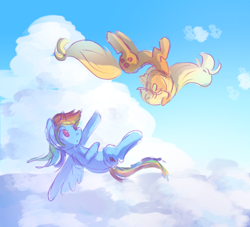 Size: 2200x2000 | Tagged: safe, artist:snowzaaah, applejack, rainbow dash, earth pony, pegasus, pony, g4, alternate universe, cloud, day, duo, duo female, female, flying, high res, lesbian, mare, ship:appledash, shipping, sky, spread wings, wings