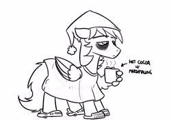 Size: 4092x2893 | Tagged: safe, artist:timsplosion, oc, oc only, oc:graphite sketch, oc:graphite sketch (timsplosion), pegasus, pony, bags under eyes, chocolate, clothes, coffee mug, food, grayscale, hat, hot chocolate, male, marshmallow, monochrome, mug, nightcap, pajamas, simple background, sketch, slippers, solo, stallion, themed slippers, tired, white background, wing hold, wings