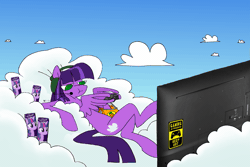 Size: 1675x1122 | Tagged: safe, artist:koidial, twilight sparkle, oc, oc:cloudy skies, pegasus, pony, g4, animated, artfight, blinking, chest fluff, chewing, chip bag, chips, cloud, controller, day, drink, eating, eyelashes, feather fingers, female, flatscreen, food, frame by frame, gaming, gaming headset, gif, gift art, green eyes, headphones, headset, herbivore, lidded eyes, looking at something, lying down, lying on a cloud, mare, no pupils, on a cloud, on back, outdoors, pegasus oc, purple coat, purple mane, purple tail, signature, sitting, sitting on a cloud, sky background, slow blink, soda, soda can, solo, squigglevision, straight mane, straight tail, tail, television, thin, thin legs, two toned mane, wing hands, wings