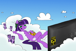 Size: 1675x1122 | Tagged: safe, alternate version, artist:koidial, twilight sparkle, oc, oc:cloudy skies, pegasus, pony, g4, animated, artfight, blinking, chest fluff, chewing, chip bag, chips, cloud, controller, day, drink, eating, eyelashes, female, flatscreen, food, frame by frame, gaming, gaming headset, gif, gift art, green eyes, headphones, headset, herbivore, hoof hold, lidded eyes, looking at something, lying down, lying on a cloud, mare, no pupils, on a cloud, on back, outdoors, pegasus oc, purple coat, purple mane, purple tail, signature, sitting, sitting on a cloud, sky background, slow blink, soda, soda can, solo, squigglevision, straight mane, straight tail, tail, television, thin, thin legs, two toned mane, wingless