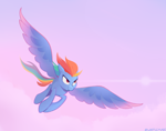 Size: 1354x1064 | Tagged: safe, artist:waffletheheadmare, rainbow dash, pegasus, pony, g4, cloud, feather, flying, multicolored hair, multicolored mane, sky, smiling, solo, sun, sunset, wings