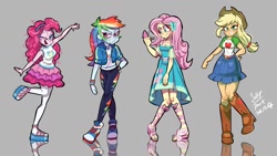 Size: 1280x720 | Tagged: safe, artist:jully-park, applejack, fluttershy, pinkie pie, rainbow dash, equestria girls, g4, my little pony equestria girls: better together, female, gray background, pigeon toed, reflection, simple background