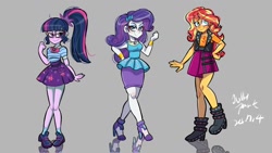 Size: 1280x720 | Tagged: safe, artist:jully-park, rarity, sci-twi, sunset shimmer, twilight sparkle, equestria girls, g4, my little pony equestria girls: better together, female, gray background, pigeon toed, reflection, simple background, trio, trio female