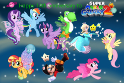 Size: 3000x2000 | Tagged: safe, artist:cheezedoodle96, artist:djdavid98, artist:osipush, artist:user15432, artist:vulthuryol00, fluttershy, pinkie pie, rainbow dash, spike, starlight glimmer, sunset shimmer, twilight sparkle, alicorn, dragon, earth pony, fairy, fairy pony, human, luma, original species, pegasus, unicorn, yoshi, g4, anniversary, baby luma, colored wings, crossover, fairy wings, flying, flying mario, galaxy, gradient wings, green wings, happy anniversary, horn, mario, open mouth, open smile, pink wings, princess rosalina, rosalina, smiling, space, sparkly wings, stars, super mario bros., super mario galaxy, super mario galaxy 2, twilight sparkle (alicorn), winged spike, wings