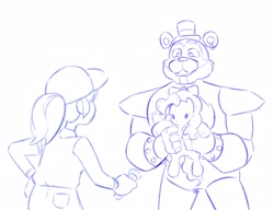 Size: 2807x2160 | Tagged: safe, artist:atti_qu, pinkie pie, human, pony, g4, crossover, five nights at freddy's, freddy fazbear, holding, plushie, sketch, vanessa (fnaf)