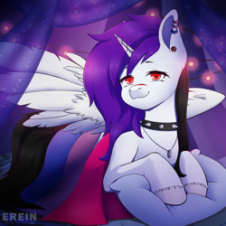 Size: 2000x2000 | Tagged: safe, alternate character, alternate version, artist:erein, oc, oc only, oc:jasmina, alicorn, pony, alicorn oc, bedroom, bisexual, bisexual female, bisexual pride flag, choker, commission, ear piercing, earring, ears up, female, flag, garland, high res, horn, indoors, jewelry, lgbt, looking at you, multicolored hair, necklace, night, piercing, pillow, pride, pride flag, pride month, red eyes, ring, room, scar, smiling, smiling at you, solo, spread wings, string lights, tail, unshorn fetlocks, white fur, wings, ych result