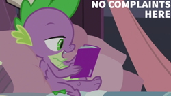 Size: 1920x1080 | Tagged: safe, edit, edited screencap, editor:quoterific, screencap, spike, dragon, g4, my little pony: friendship is magic, season 9, the summer sun setback, comic book, indoors, male, pillow, reading, solo, text, winged spike, wings