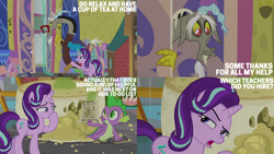 Size: 2000x1125 | Tagged: safe, edit, edited screencap, editor:quoterific, screencap, discord, spike, starlight glimmer, draconequus, dragon, pony, unicorn, a matter of principals, g4, season 8, cheese, female, food, horn, male, school of friendship, scroll, trio, vice, winged spike, wings