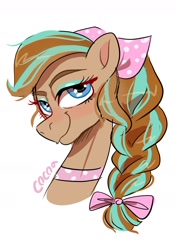 Size: 1240x1754 | Tagged: safe, artist:jully-park, horse, barely pony related, bow, braid, braided ponytail, bust, cocoa (wild manes), female, hair bow, mare, ponytail, simple background, slender, solo, sternocleidomastoid, that was fast, thin, white background, wild manes