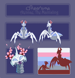 Size: 5000x5214 | Tagged: safe, artist:minty--fresh, oc, oc only, oc:atennae, changeling, mantis, monster pony, blue changeling, changeling oc, forked tongue, mandibles, mantisling, mawshot, multiple limbs, open mouth, proboscis, reference sheet, size comparison