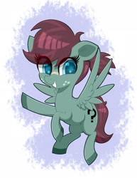 Size: 1776x2306 | Tagged: safe, artist:scandianon, oc, oc only, oc:filly anon, pony, alternate design, bandaid, bandaid on nose, blue eyes, brown mane, cerulean eyes, female, filly, floppy ears, flying, foal, freckles, grayish crimson mane, grayish turquoise coat, lanky, looking at you, raised hoof, rounded rectangular catchlights, skinny, smiling, solo, tall, thin, turquoise coat