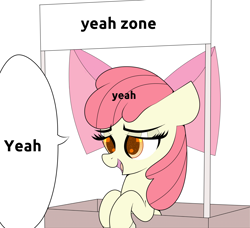 Size: 1960x1789 | Tagged: safe, artist:scandianon, apple bloom, earth pony, pony, g4, apple bloom's bow, bow, box, female, filly, foal, hair bow, meme, open mouth, sign, simple background, sitting, solo, speech bubble, talking, text, white background, yeah