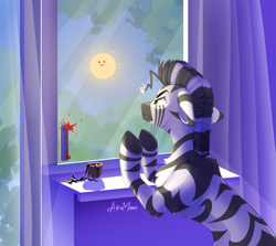 Size: 1869x1668 | Tagged: safe, artist:alrumoon_art, oc, oc only, oc:rayven, zebra, angry, floppy ears, male, solo, sun, thermometer, window, zebra oc