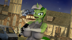 Size: 3840x2160 | Tagged: safe, alternate version, artist:zgsfm, oc, oc only, oc:baetica castanets, unicorn, anthro, 3d, ;p, andalusia, big breasts, breasts, coat markings, female, gun, horn, mare, real betis, shotgun, solo, spain, village, weapon