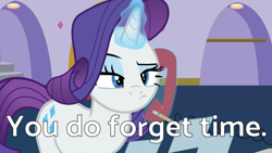 Size: 640x360 | Tagged: safe, artist:forgalorga, edit, editor:poniesmeme20, rarity, pony, unicorn, g4, caption, female, frown, horn, image macro, mare, solo, text