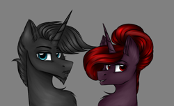 Size: 2300x1400 | Tagged: safe, artist:darklight1315, oc, oc only, oc:ardent, oc:claret, pony, unicorn, fallout equestria, duo, ear fluff, fallout equestria: mayday, gray background, horn, pre-war, simple background