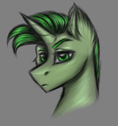 Size: 2250x2400 | Tagged: safe, artist:darklight1315, oc, oc only, oc:absinthe, pony, unicorn, fallout equestria, fallout equestria: mayday, gray background, green eyes, horn, simple background, solo