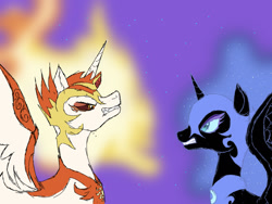 Size: 1280x960 | Tagged: safe, artist:spicyricexxiv, daybreaker, nightmare moon, alicorn, pony, g4, atg 2024, duo, female, mare, newbie artist training grounds