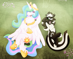 Size: 2500x2000 | Tagged: safe, artist:euspuche, princess celestia, oc, oc:zenawa skunkpony, alicorn, earth pony, hybrid, skunk, skunk pony, g4, anatomically incorrect, arm behind head, butt, canon x oc, chest fluff, crossed legs, duo, duo male and female, earth pony oc, fangs, female, folded wings, high res, hybrid oc, incorrect leg anatomy, jewelry, looking at each other, looking at someone, lying down, male, mare, on back, one eye closed, open mouth, outdoors, plot, regalia, royalty, size difference, smiling, smiling at each other, stallion, sunbutt, tail, together, unshorn fetlocks, wings