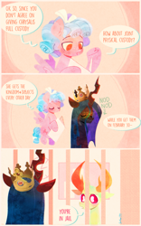 Size: 1698x2727 | Tagged: safe, artist:sockiepuppetry, cozy glow, queen chrysalis, thorax, changedling, changeling, changeling queen, pegasus, pony, g4, burger king, burger king crown, comic, dialogue, female, filly, foal, former queen chrysalis, high res, jail, king thorax, male, nodding, paper crown, speech bubble, trio