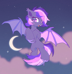 Size: 1989x2048 | Tagged: safe, artist:mirtash, oc, oc only, oc:midnight mist, bat pony, pony, artfight, bat pony oc, blue pupils, cloud, colored hooves, colored pinnae, colored pupils, colored wings, crescent moon, ear tufts, elbow fluff, fangs, female, flying, gift art, hooves, hooves together, leg fluff, looking back, mare, mare oc, moon, multicolored mane, multicolored tail, night, open mouth, open smile, outdoors, purple coat, purple eyes, purple hooves, shiny eyes, shoulder fluff, sky background, smiling, solo, spread wings, starry eyes, stars, tail, texture, two toned wings, unshorn fetlocks, wingding eyes, wings