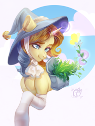 Size: 1800x2400 | Tagged: safe, artist:ryusya, oc, oc only, butterfly, pony, unicorn, clothes, flower, hat, horn, outdoors, socks, solo, witch hat