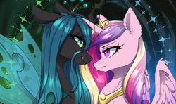 Size: 2462x1457 | Tagged: safe, artist:avrameow, princess cadance, queen chrysalis, alicorn, changeling, changeling queen, pony, g4, bust, chest fluff, crown, duo, duo female, ear fluff, eye to eye, female, floppy ears, frown, jewelry, licking, licking lips, looking at each other, looking at someone, mare, peytral, regalia, tongue out
