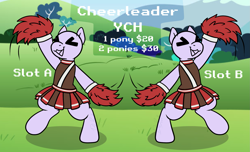 Size: 1911x1165 | Tagged: safe, artist:bluemoon, oc, oc only, pony, advertisement, bipedal, cheering, cheerleader, cheerleader outfit, clothes, commission, commission info, duo, outfit, pom pom, skirt, ych example, your character here