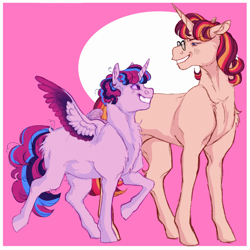 Size: 1999x2003 | Tagged: safe, artist:cactiflowers, oc, oc only, oc:eclipse shimmer-sparkle, oc:harmony sparkle-pie, alicorn, pony, unicorn, alicorn oc, artfight, butt fluff, chest fluff, colored wings, duo, female, glasses, gradient wings, grin, horn, looking at each other, looking at someone, magical lesbian spawn, mare, nonbinary, offspring, parent:pinkie pie, parent:sci-twi, parent:sunset shimmer, parent:twilight sparkle, parents:scitwishimmer, parents:twinkie, passepartout, pink background, raised hoof, short hair, shoulder fluff, simple background, small wings, smiling, spread wings, standing, unicorn oc, wings
