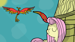 Size: 1920x1076 | Tagged: safe, artist:chaosmilo, fluttershy, philomena, pegasus, phoenix, pony, a bird in the hoof, g4, duo, feather, outdoors, ponyville, sun, sunlight, wings