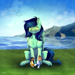 Size: 3000x3000 | Tagged: safe, artist:lunciakkk, oc, oc only, oc:laniakea, artfight, cheek fluff, chest fluff, detailed background, doll, ear fluff, eyes closed, gift art, grass, mountain, ocean, outdoors, smiling, solo, toy, water