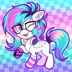 Size: 2048x2048 | Tagged: safe, artist:pinxpony, oc, oc only, oc:neonymph, pegasus, pony, artfight, blank flank, checkered background, chibi, clothes, colored pinnae, coontails, ear piercing, earring, eyebrow piercing, eyelashes, fangs, female, folded wings, gift art, glasses, gradient background, headphones, headphones around neck, jewelry, long socks, mare, mare oc, multicolored mane, multicolored tail, one eye closed, open mouth, open smile, outline, patterned background, pegasus oc, piercing, pink eyes, scene, signature, smiling, socks, solo, striped socks, tail, white coat, wings, wink