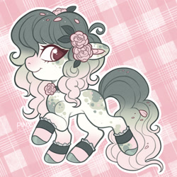 Size: 2048x2048 | Tagged: safe, artist:pinxpony, oc, oc only, oc:rhosyn, earth pony, pony, artfight, brown pupils, chibi, choker, coat markings, colored eartips, colored hooves, colored pinnae, colored pupils, dappled, ear markings, earth pony oc, eyelashes, facial markings, female, flower, flower in hair, flower in tail, flower on ear, gift art, gradient legs, gradient mane, gradient muzzle, gradient tail, high res, hooves, lace, long mane, long tail, looking back, mare, mare oc, multicolored mane, multicolored tail, outline, patterned background, petals, pink eyes, profile, shiny hooves, signature, smiling, solo, standing on two hooves, tail, thin, wavy mane, wavy tail