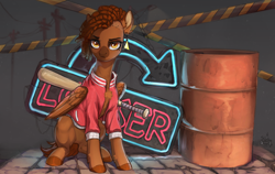 Size: 1536x968 | Tagged: safe, artist:kirby_orange, oc, oc only, pegasus, pony, barrel, baseball bat, bomber jacket, brown mane, clothes, digital art, dreadlocks, ear fluff, ear piercing, female, jacket, jewelry, neon, neon sign, pegasus oc, piercing, short hair, sign, simple background, sitting, solo, tail, wings