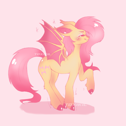 Size: 3000x3000 | Tagged: safe, artist:toxikil, fluttershy, bat pony, pony, g4, bat ponified, bat wings, big ears, blushing, colored hooves, colored pinnae, colored wings, cute, ear blush, ear tufts, eyes closed, eyeshadow, floppy ears, flutterbat, full body, gradient legs, gradient mane, gradient tail, gradient wings, high res, hock fluff, hooves, leg fluff, long mane, long tail, makeup, motion lines, nose blush, pink background, pink eyeshadow, pink hooves, profile, race swap, raised hoof, shadow, shiny hooves, shiny mane, shiny tail, simple background, smiling, soft color, solo, spread wings, standing, tail, two toned wings, watermark, wings